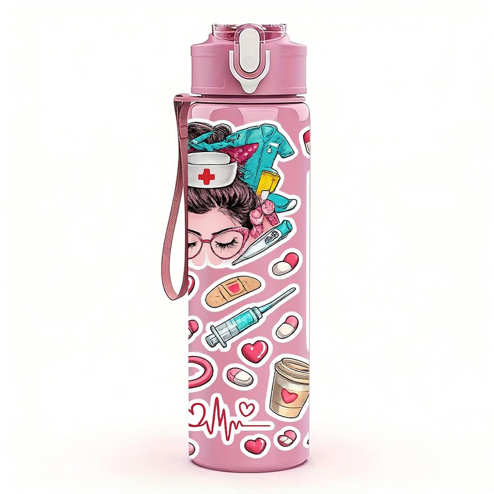 1PC Nurse Medical Tool Slogan Print 750ml Color Plastic Sports Water Bottle Leakproof Flip Straw Lid Suitable for Sports Office Home Use