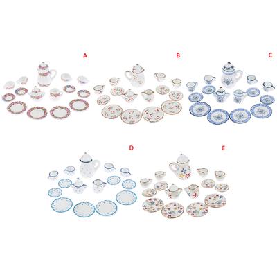1:12 Dollhouse Miniature 17Pcs Porcelain Tea Cup Set Chintz Flower Tableware