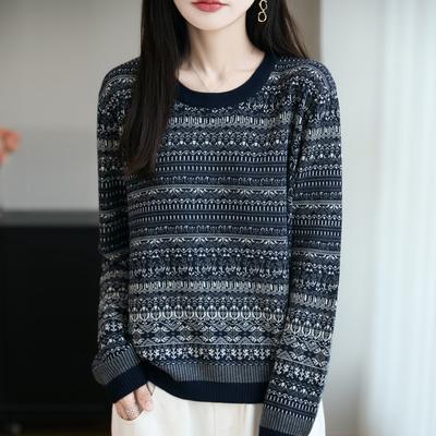 New Autumn and Winter Women's Round-neck Base Layer Sweater, Color-blocking Blue and White Porcelain Retro Jacquard Knitted Sweater