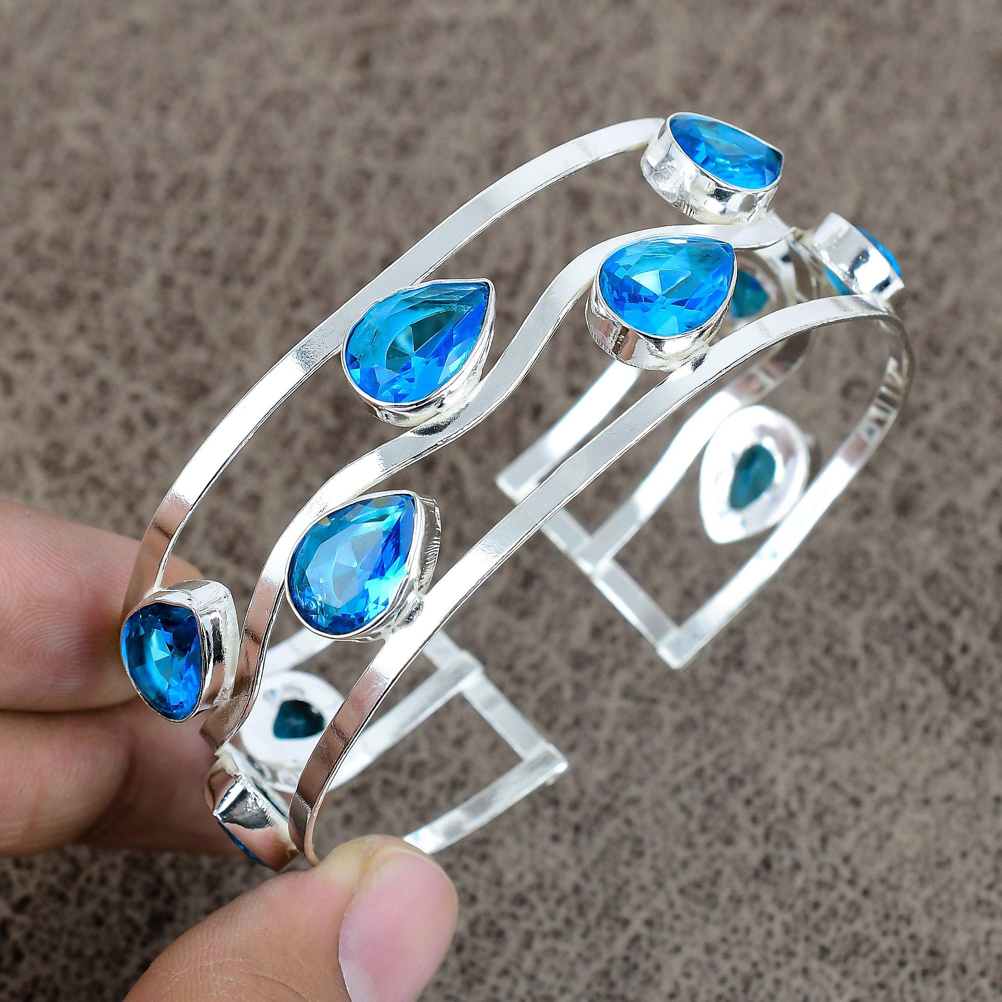

Swiss Blue Topaz Gemstone 925 Sterling Silver Cuff Bangle Adjustable KKG-201