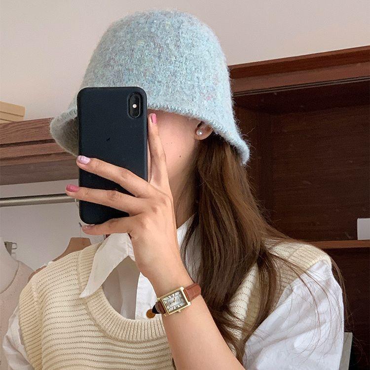 Autumn and winter woolen new high-end solid color bucket hat women's warm versatile sunshade basin hat plush bucket hat