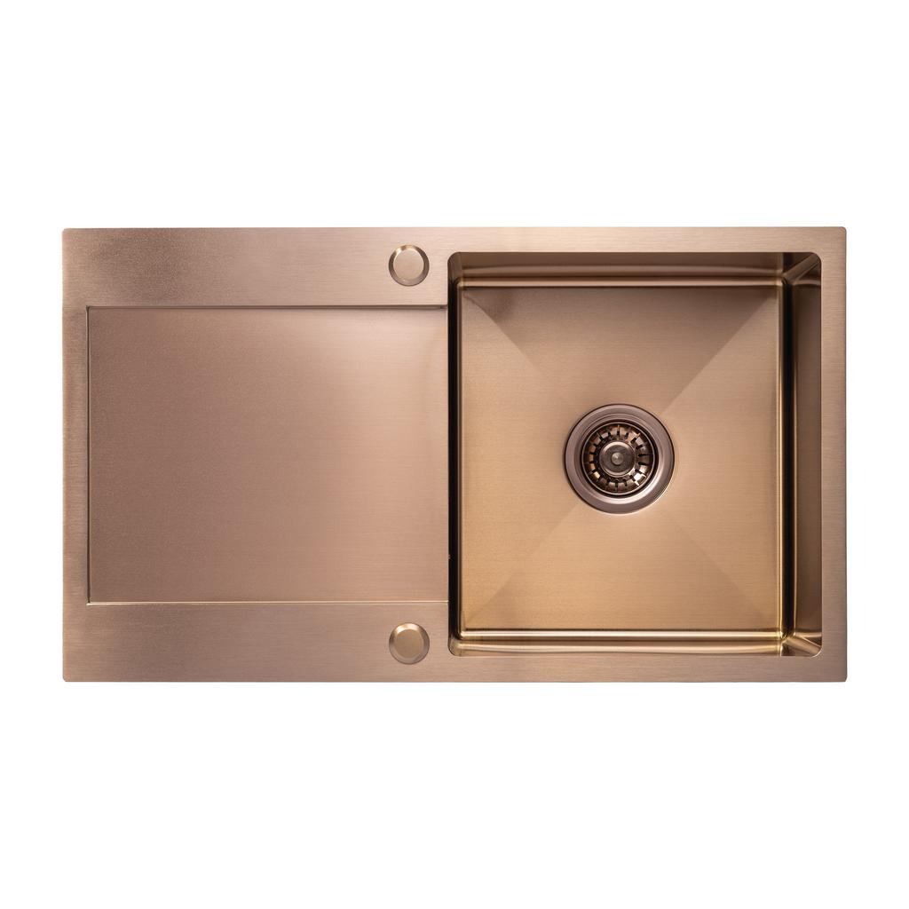 Single Bowl Stainless Steel Sink with Drainer and Siphon Copper Marmara