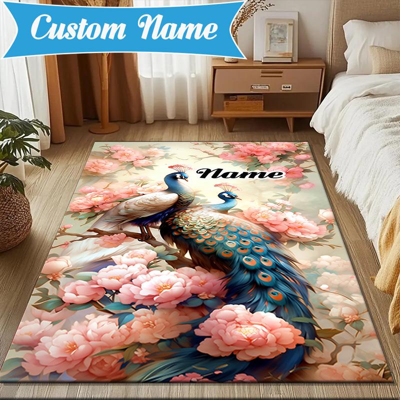 Custom Name Peacock Flowers Romance Rug Game Carpet, Floor Mat for Bedroom Living Room Entryway Rug, Home Decor Idea Gift for Christmas Birthday