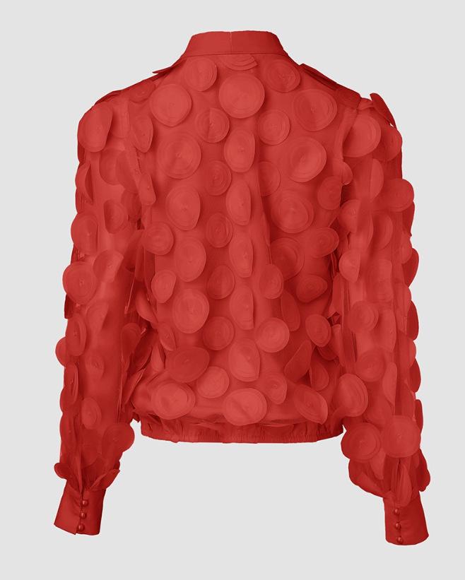 French Court Style 3D Floral Chiffon Blouse with Hollow Lantern Sleeves