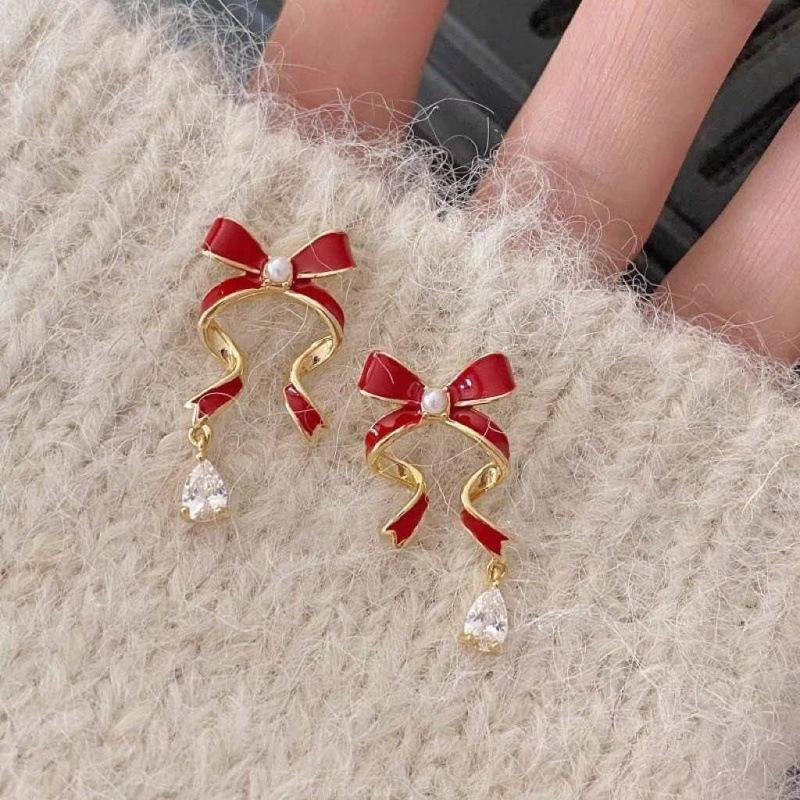 Elegant Red Bow Zircon Earrings for Women