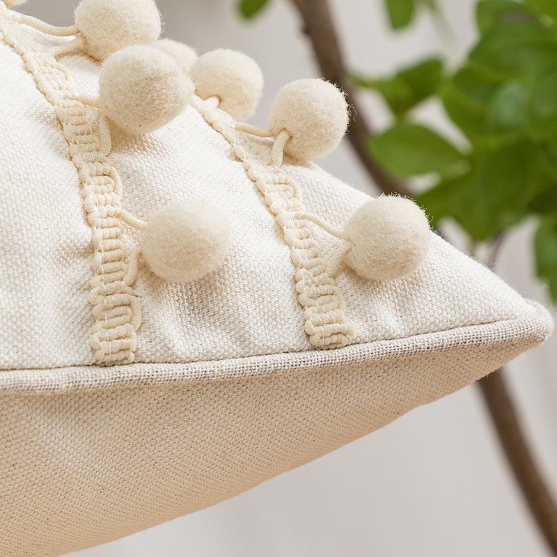 Beige Geometric Embroidery Cushion Cover Boho Ethnic Pillow Cover with Pompom 45x45cm/ 30x50cm Home Decoration Sofa