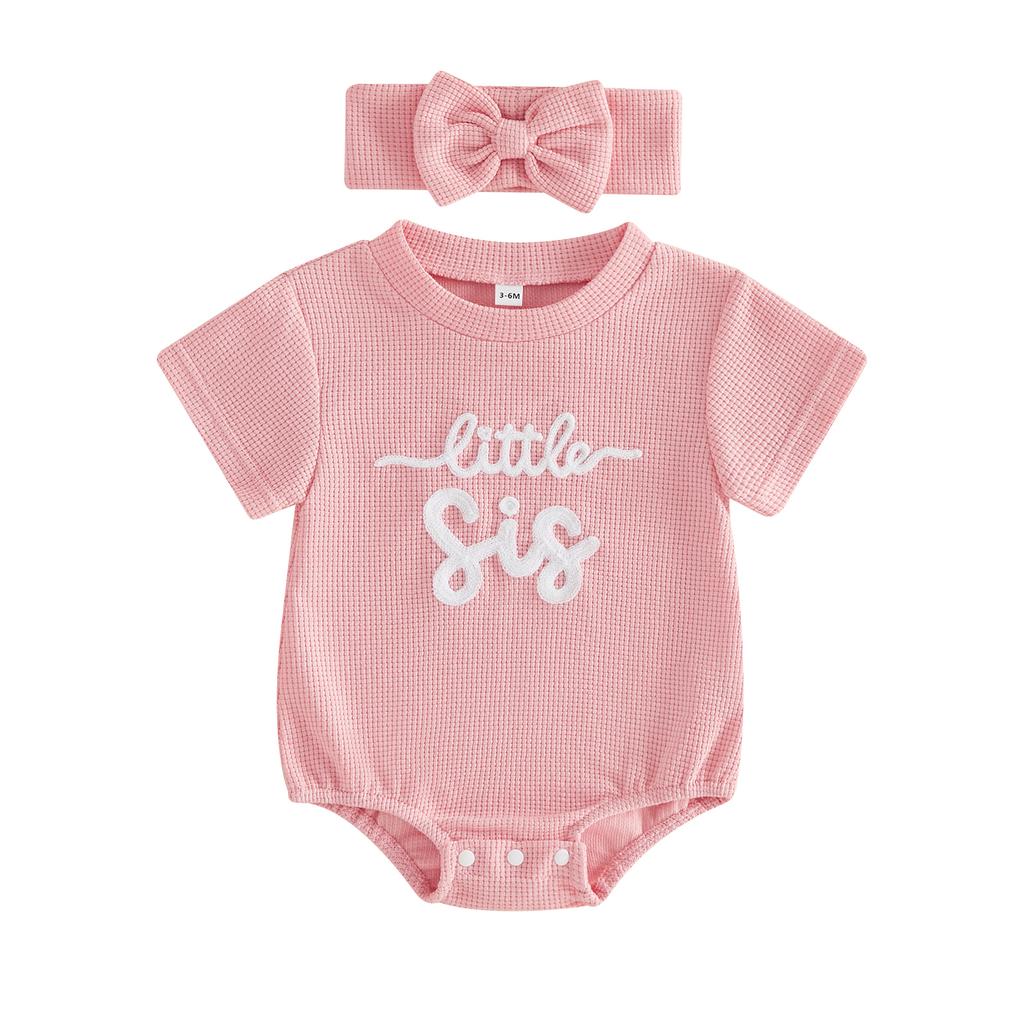 Infant Girl 2-Piece Summer Set with Short Sleeve Romper and Matching Headband Adorned with Embroidered Letters Perfect for