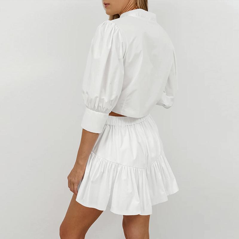 Costume elegante albe cu fustă, femei, cămăși cu mâneci bufante + fuste cu volane, bumbac și in, ținute de vacanță, seturi de două piese