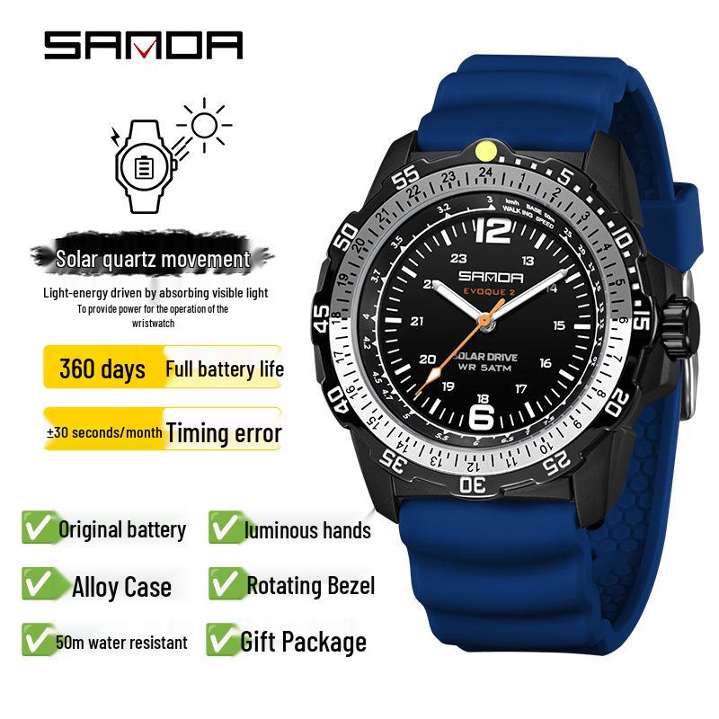 SANDA Solar-Powered Sports Watch: Durable, Waterproof with Long Battery Life and Luminous Quartz Design.