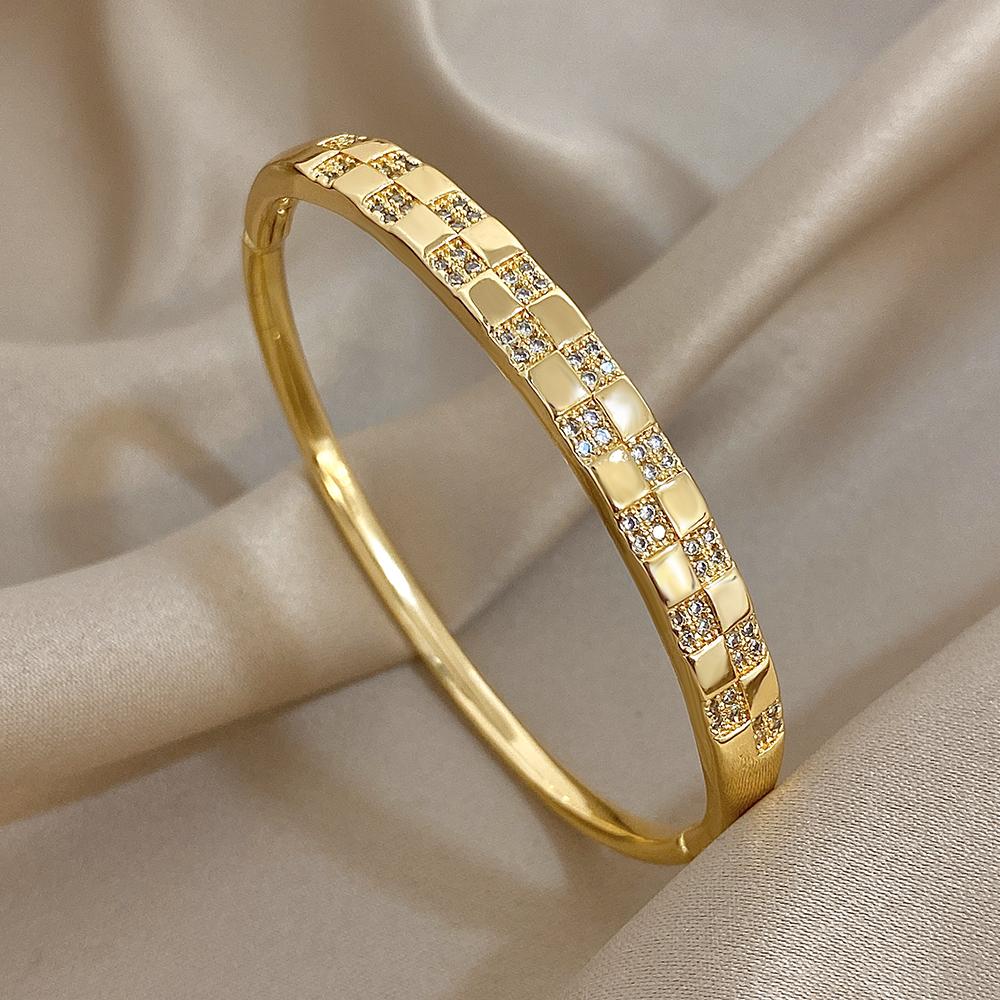 Flashbuy Gold Color Chic Inlaid Zircon Copper Bangle Bracelet For Women Statement New Design Temperament Wrist Fashion Zircon