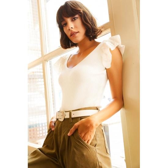 Women's Front Back V Neck Shoulder Frilly Knitwear Blouse