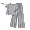 Women T-shirt Trousers Set 2 Pcs/Set Pants Solid Color Round Neck Short Sleeves Elastic Lady Top Waist Wide Leg Homewear Drawstring Suit Clothes