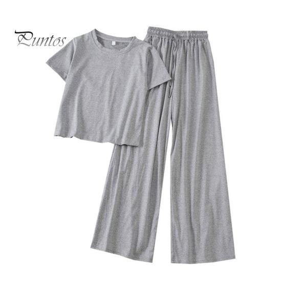 Women T-shirt Trousers Set 2 Pcs/Set Pants Solid Color Round Neck Short Sleeves Elastic Lady Top Waist Wide Leg Homewear Drawstring Suit Clothes