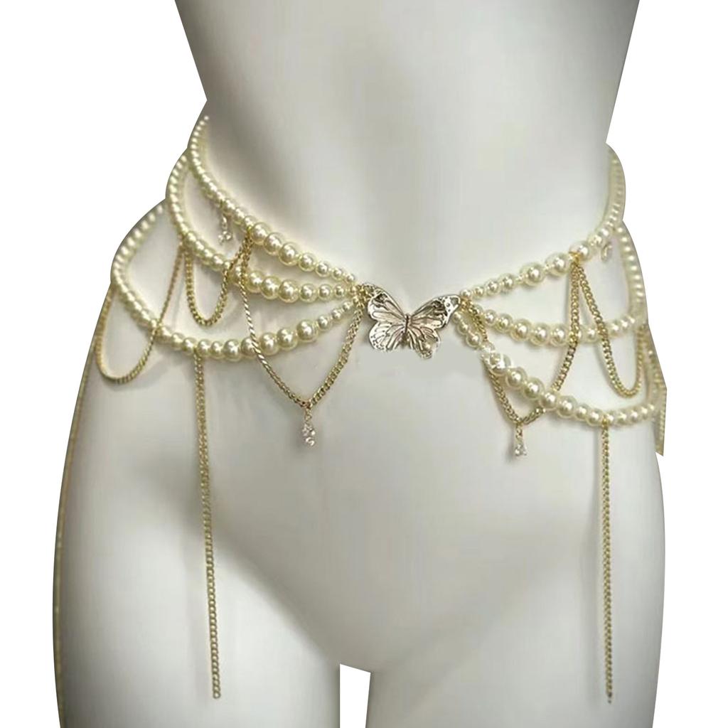 Elegant Tassel Floral Pearl Layered Waist Chain Multilayer Body Chain Decorative Belly Decor for Fashion Forward Women
