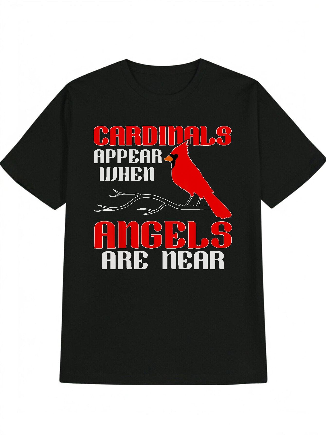 Casual Crew Neck T-shirt with Cardinal Bird Silhouette Print - Cardinals Appear When Angels Are Near Design XXL