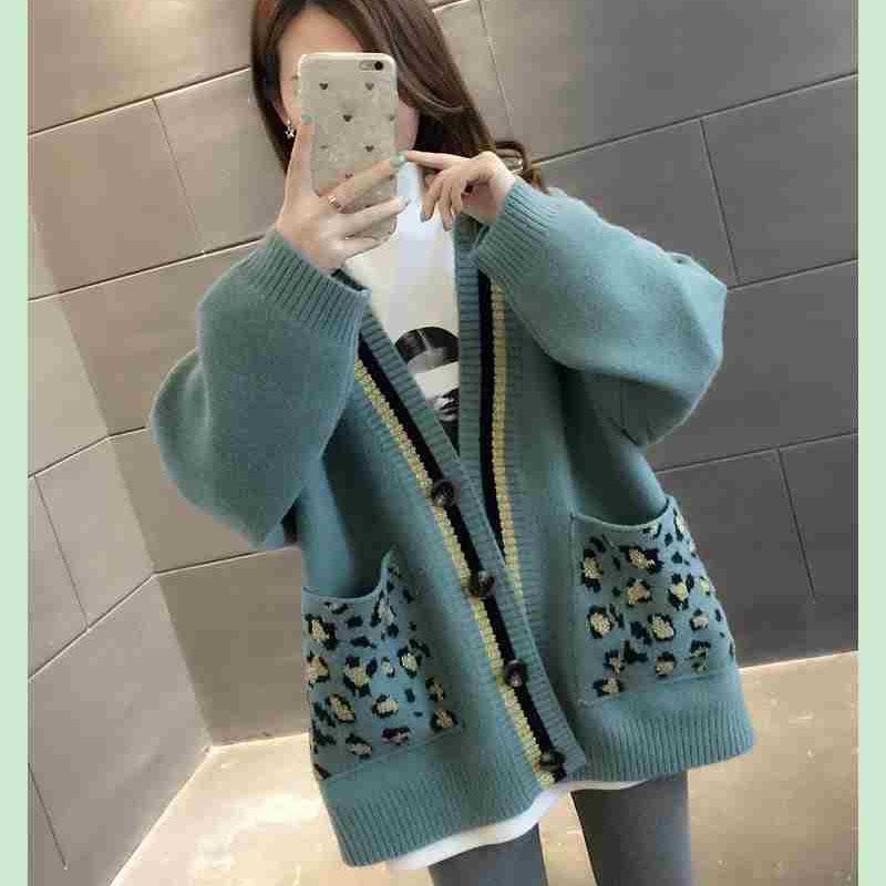 Spring and Autumn V-neck Knitted Cardigan Women Leopard Pocket Sweater Coat Versatile Student Mid Length Cardigan Sweater