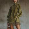 New Independent Station European and American Autumn and Winter Turtleneck Loose Pocket Fringed Long-sleeved Suede Dress