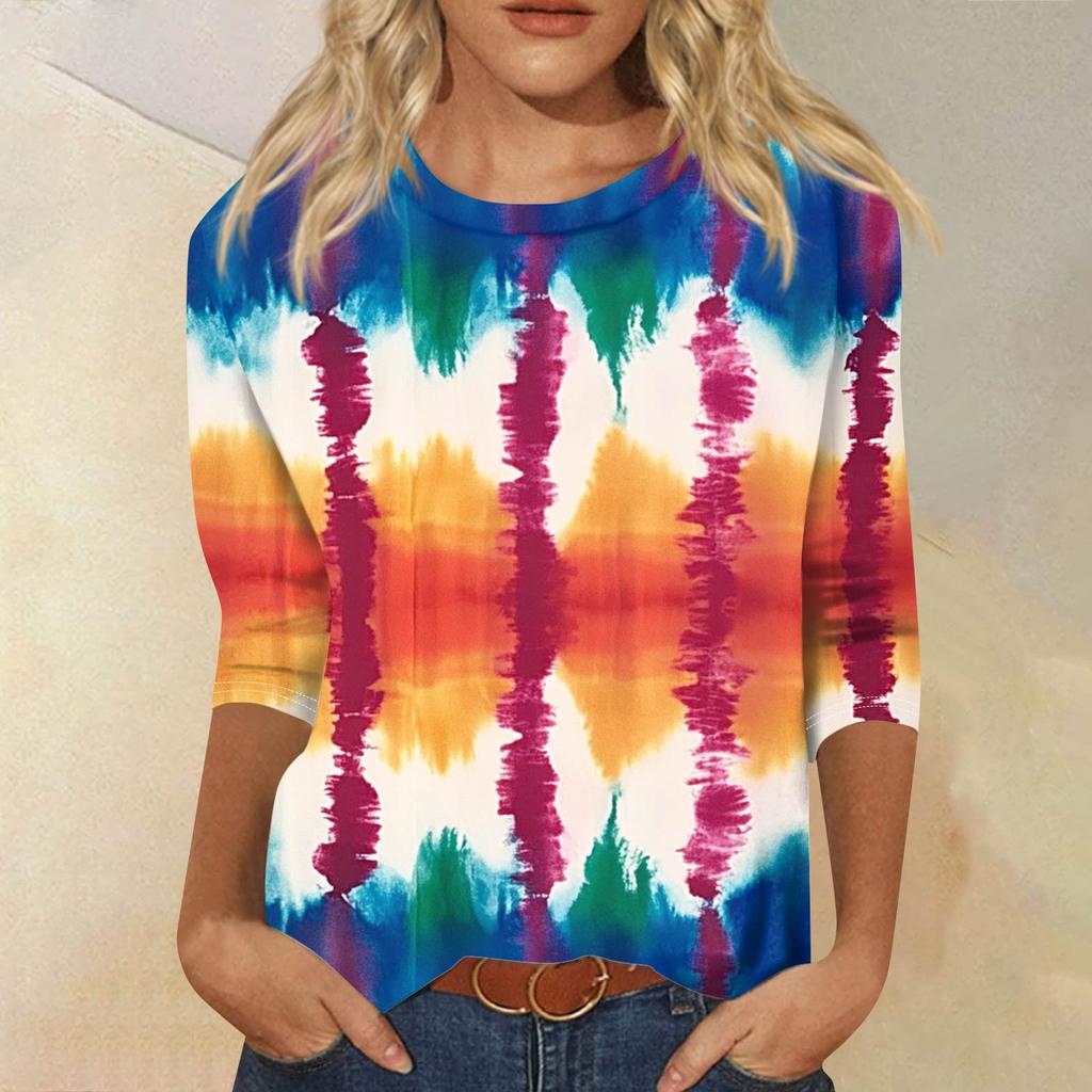 Women's Fashion Casual Seven Sleeve Printed Round Neck T-Shirt Top