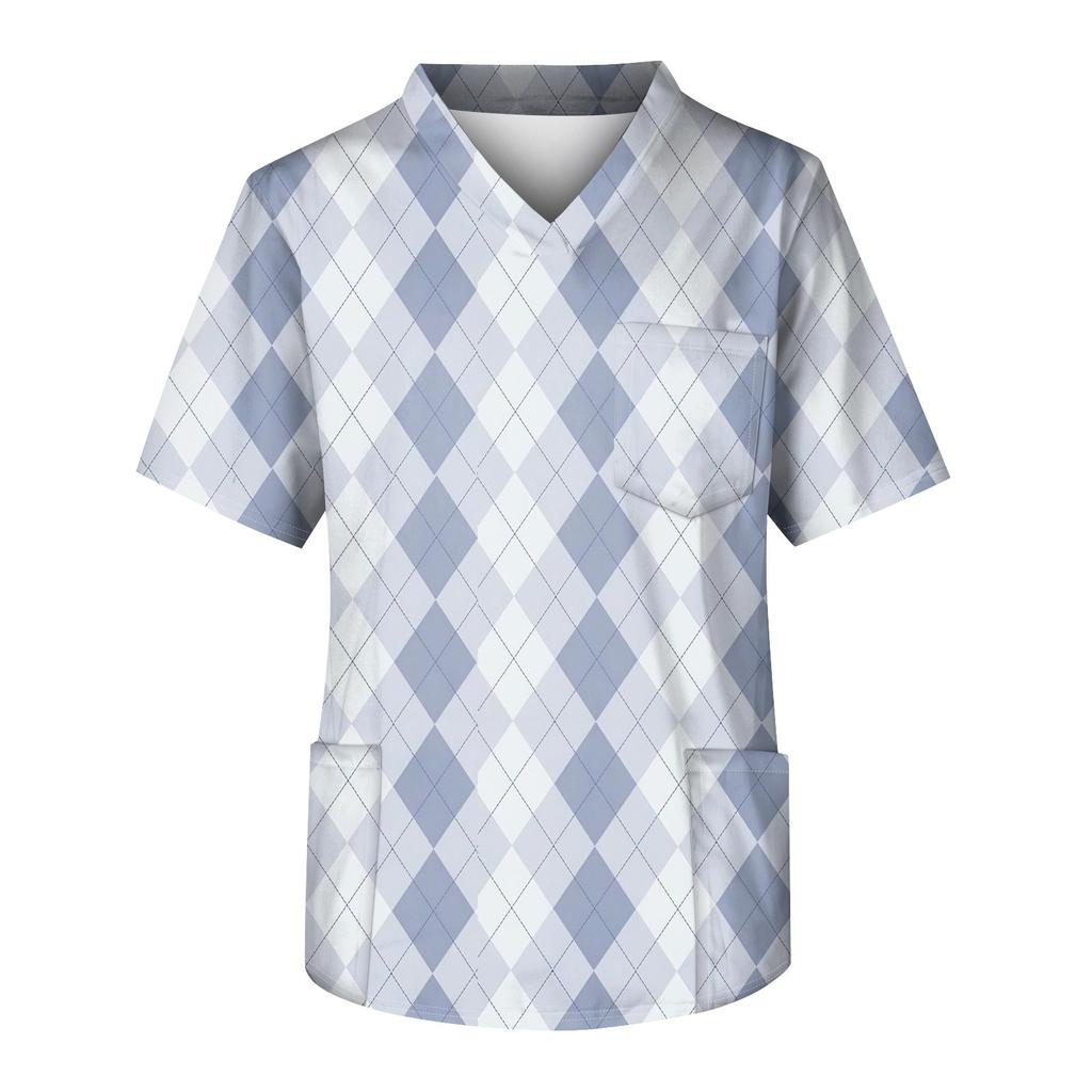 Men's Printing Short Sleeve V-neck Working Blouse Chest Pocket Carer Top