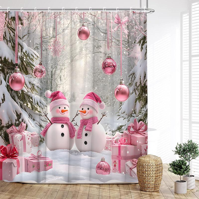 Cute Christmas Snowman Shower Curtain Winter Forest Xmas House Cedar New Year Home Bathroom Decoration Bath Curtains With Hooks