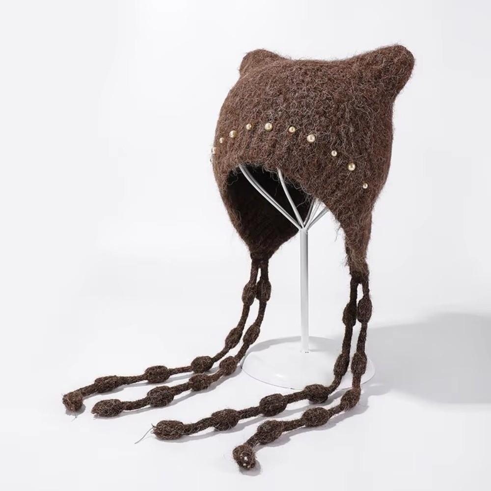 Windproof Cat Ear Beanie Pearl Tassel Ear Protection Hat Y2K Aesthetic Knit Earflap Hat for Women