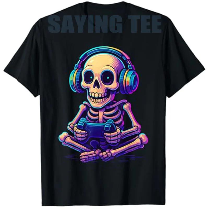 Gamer Skeleton Headset Funny Video Game Graphic Tee Unisexs Short Sleeve Cotton TShirt S