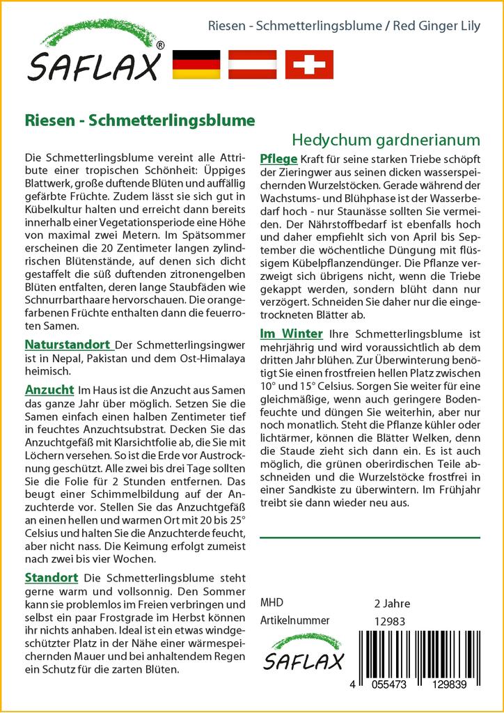 SAFLAX Gift Set - Red Ginger Lily - 10 Seeds - With Gift Box, Card, Label and Potting Substrate - Hedychum Gardnerianum