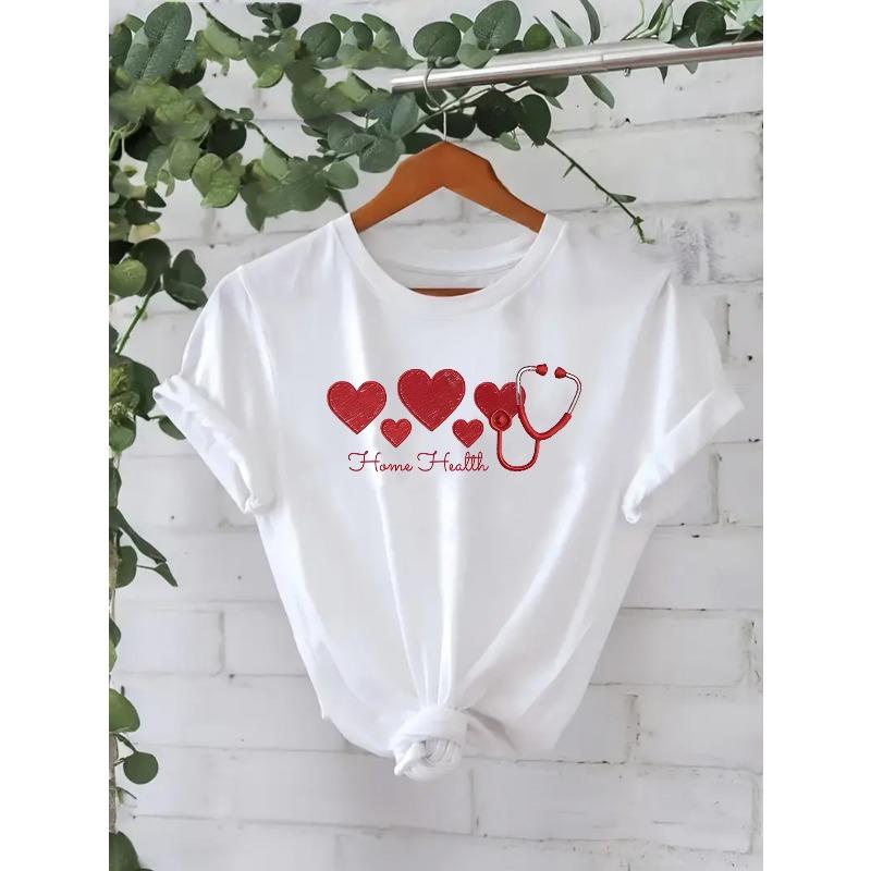 Women s Red Heart Print T-Shirt - Short Sleeve Blouse Top with Love Heart, Machine Washable Casual Shirt Suitable for Parties S белый
