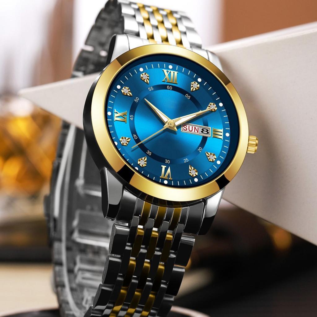 Men Quartz Business Watch with Date Luminous Stainless Steel Double Calendar Wristwatch Waterproof Lightweight Watch