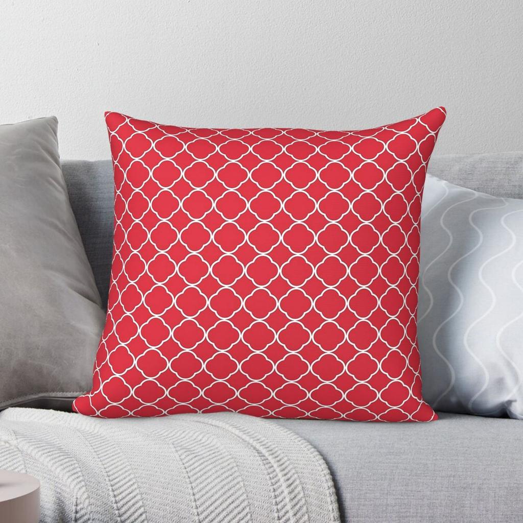 Quatrefoil Moroccan Red Square Pillowcase Polyester Linen Velvet Printed Zip Decorative Pillow Case Sofa Cushion Cover