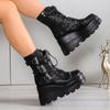 Fashion Women's Goth Platform Motorcycle Boots Punk Rivet Buckle Strap Combat Booties for Women Thick Bottom Wedge Heels Mid Calf Shoes