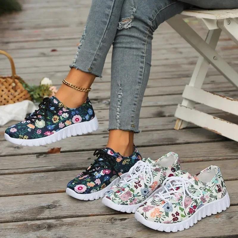 Autumn Shoes for Women 2025 Fashion Printed Women's Sneakers Casual Lace-up Platform Shoes Light Breathable Ladies Running Shoes