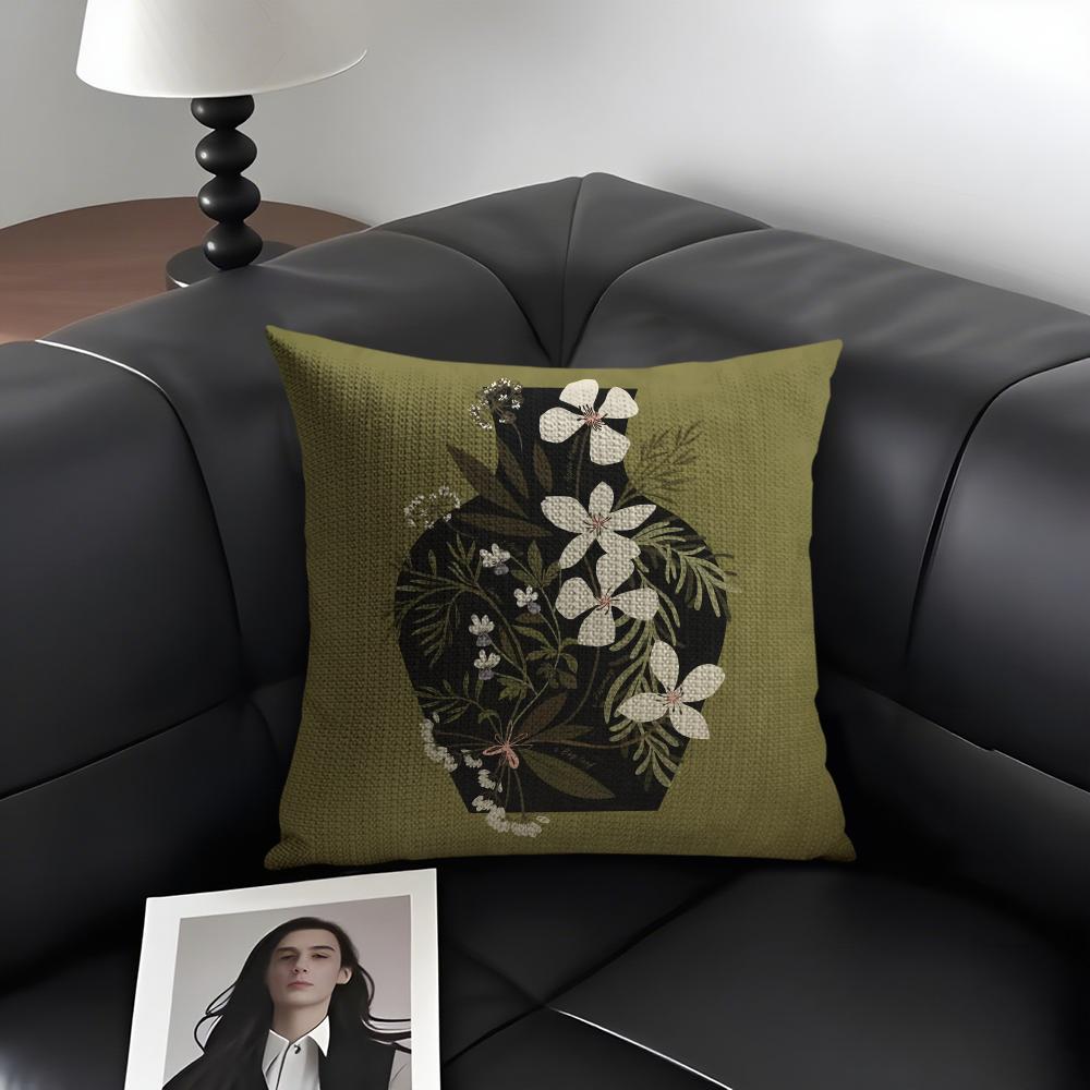1PC Classic Vintage Vase Cushion Cover Natural Linen Organic Fabric DoubleSided Printing Sofa Home Decor Gift Pillow Case