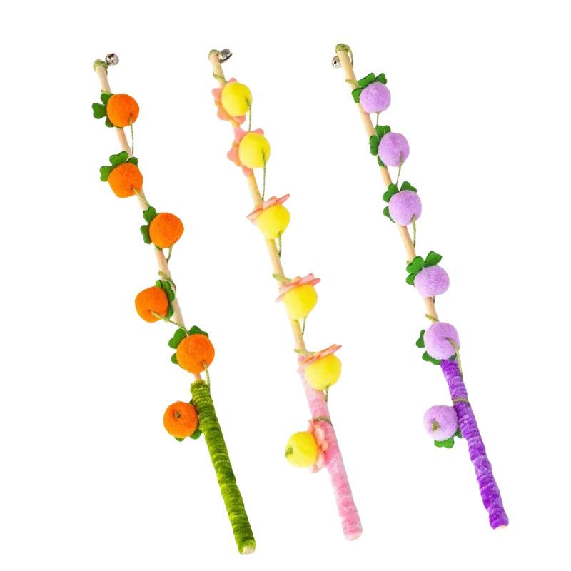 Wooden Handle Plush Fruit Pom Pom Cat Teaser Interactive Cat Toy 3pcs разноцветный