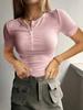 Women’s Short-sleeved Sweet and Fresh-looking Knitted Top with A Lace Collar Button Fastening and Ribbed Trim