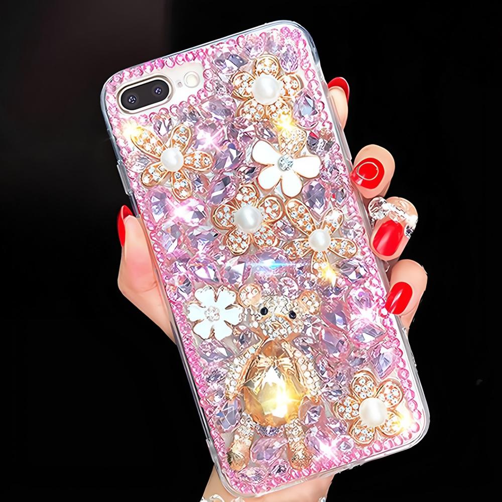 Glitter Rhinestone Phone Case compatible with For iPhone 17 16 15 14 13 12 11 Pro Max Air mini 16e 8 7 Plus X XS XR Crystal Floral Bear Design Cover