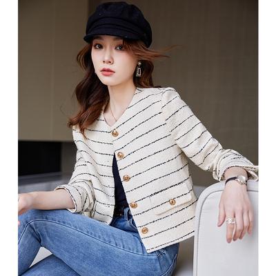 Striped Small Fragrance Style Short Suit Jacket for Women In Autumn and Winter Age-reducing Temperament Commuting Small Top