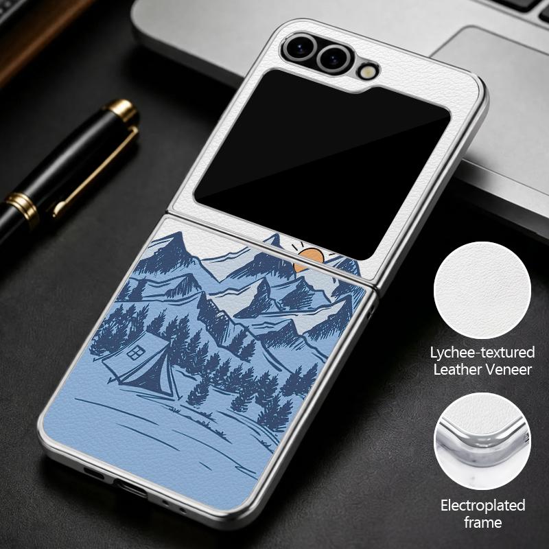 Mountain Valley Camping Art Case For Samsung Galaxy Z Flip 8 7 FE 6 5 4 Z Flip8 Flip7 Flip6 Flip5 Luxury Plating Leather Skin Phone Cover