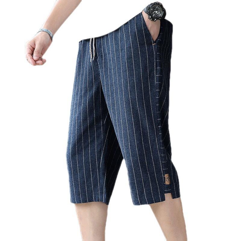 Summer Cotton Hemp Thin Straight Casual Capris Men Print Stripe Elastic Waist Drawstring Pocket Versatile Loose Shorts