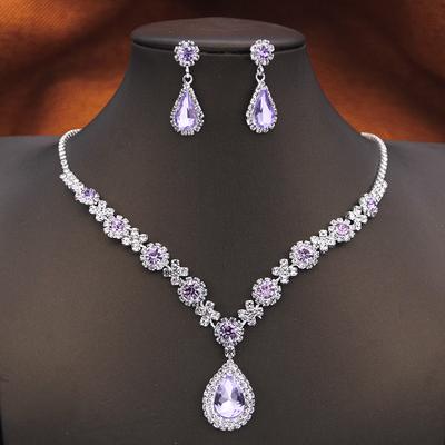 Damen Strass Wassertropfen Brautschmuck Set Geburtstag Abschlussball Lila Choker Halskette Ohrringe Hochzeit Braut Accessoire Mode