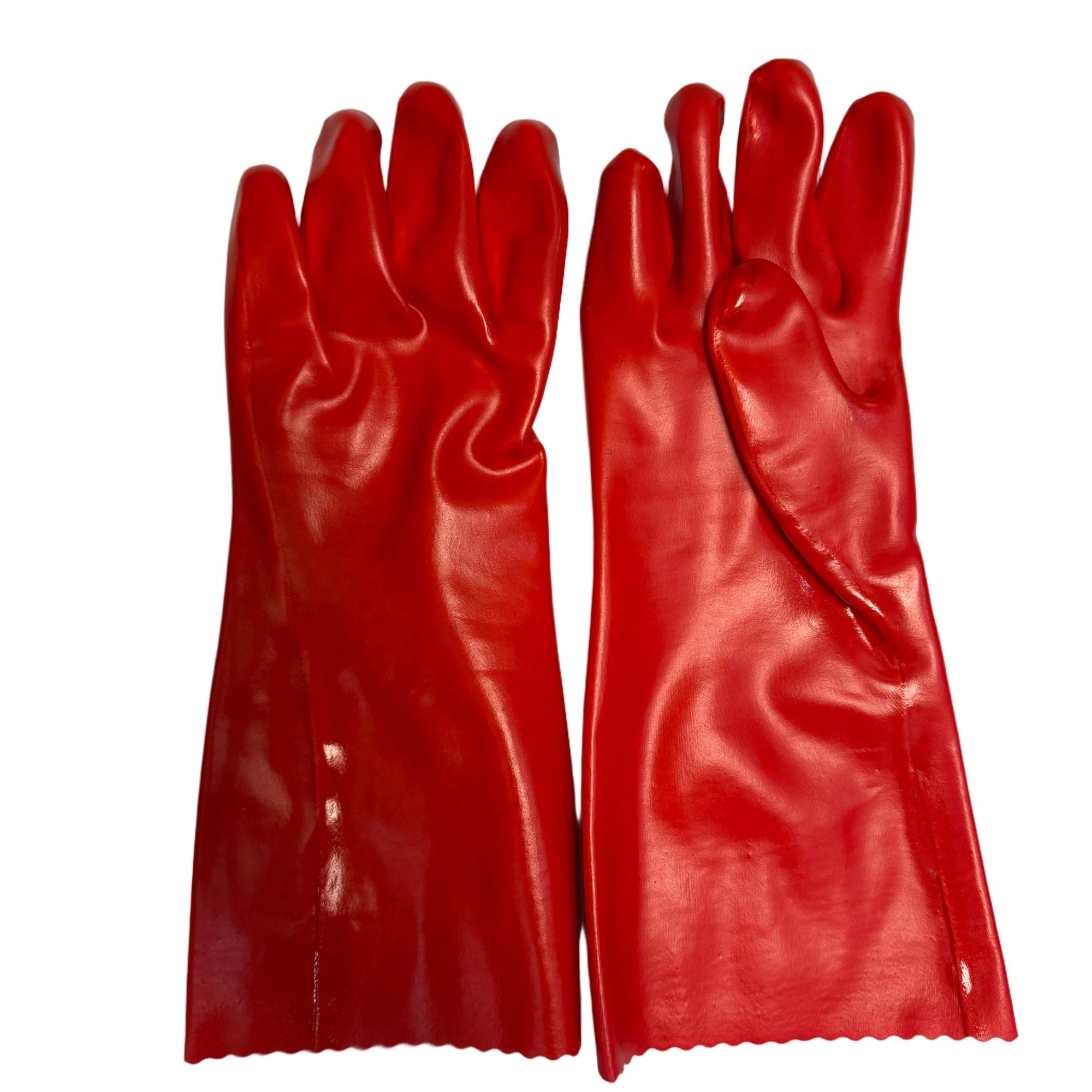 Wholesale 35cm Red Glossy PVC Gloves Bulk Price Cotton Liner Waterproof Cleaning Gloves for Janitorial Service Customized Size