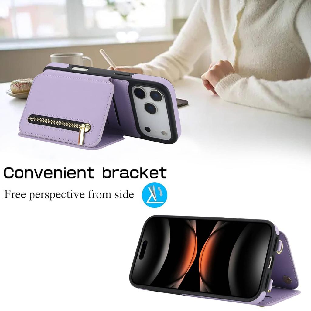 Zipper Wallet Case for iPhone 17/16e/16 Pro Max iPhone Air Women Crossbody Purse Credit Card Holder Lanyard Flip Kickstand Cover