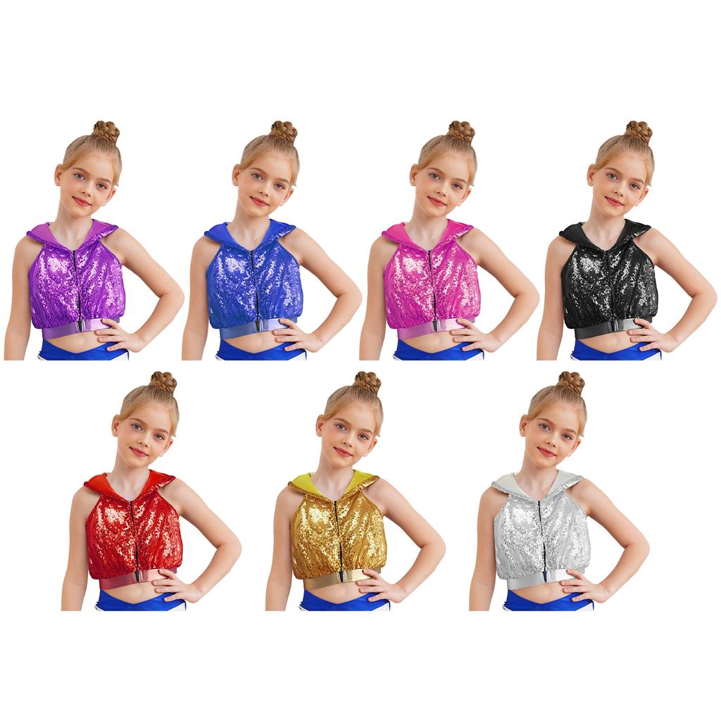 Dívčí Hip Hop Jazz Taneční Kostým Bez Rukávů Odkrytá Záda Zip Vpředu Třpytivé Flitry S Kapucí Crop Top Taneční Oblečení