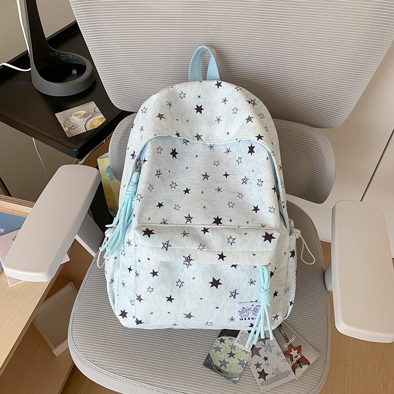 Star-Printed Backpack with Front Zipper Pocket and Tassel Details for School and Daily Use