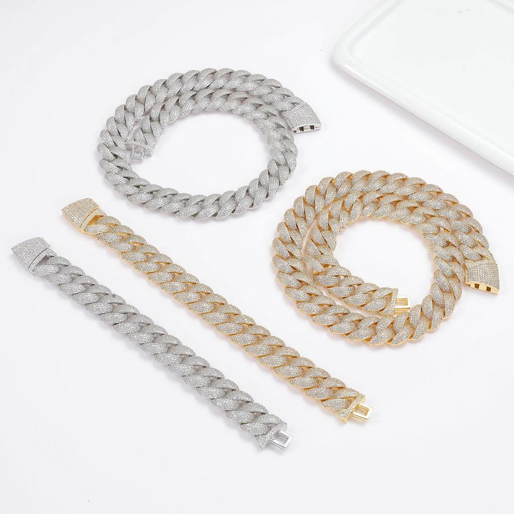 European & American 18MM Copper Cuban Chain Necklace with Zircon Pendant & Trendy Full Diamond Bracelet.