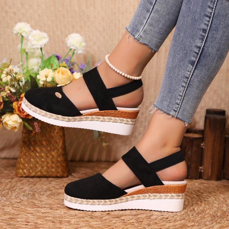 Large size color matching bag head rear empty sandals slope heel light hemp rope braided buckle women's shoes thick sole cool