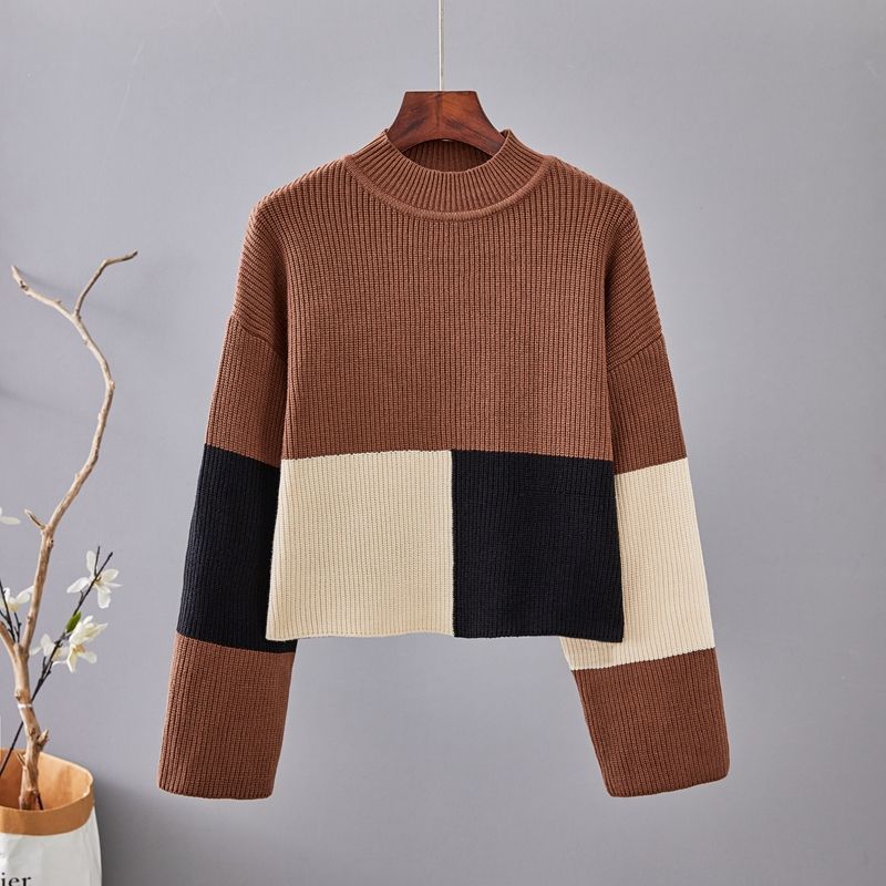 Vintage Women's Color-block Sweater Autumn Winter Loose Crew Neck Pullover Knitwear Short Stretch Knit Top Cropped Jumper