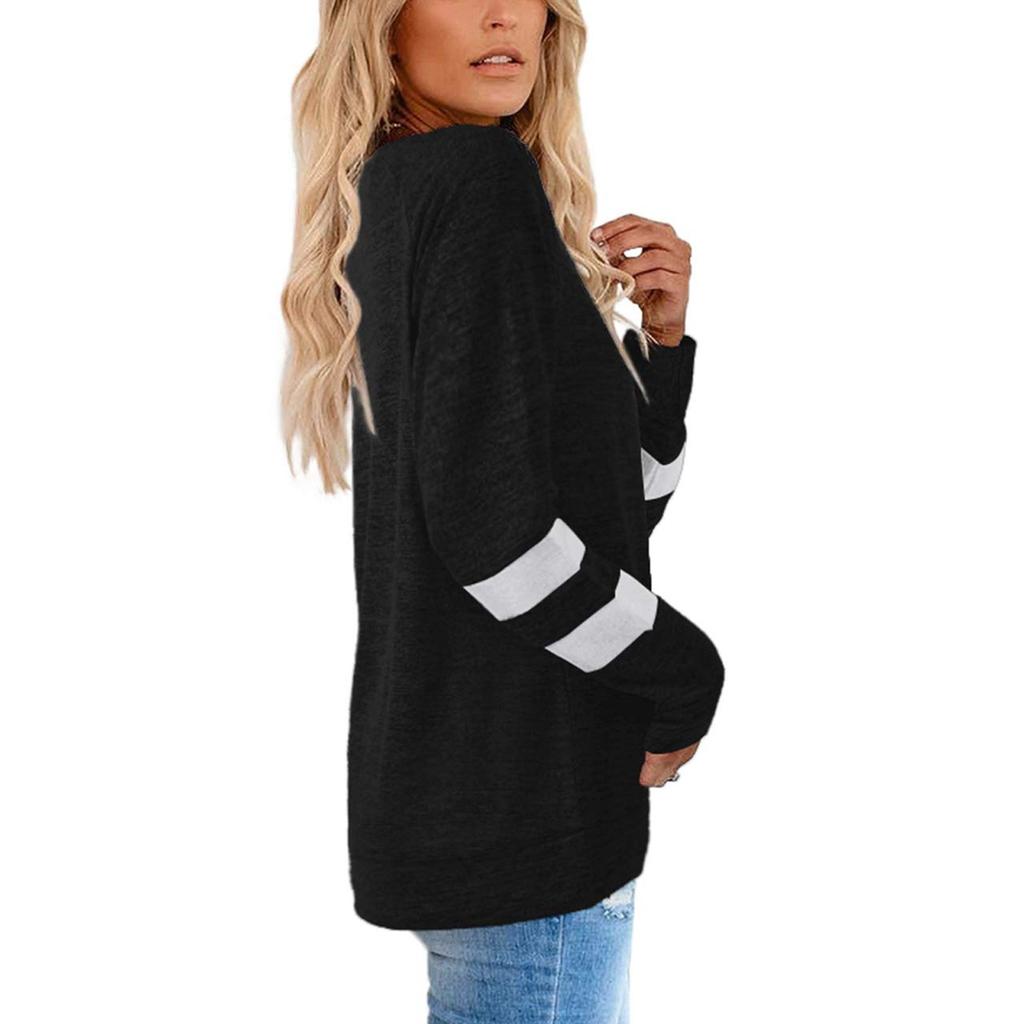 Fashion Casual Womens Long Sleeve Striped Spliced Tops Loose Sweatshirt