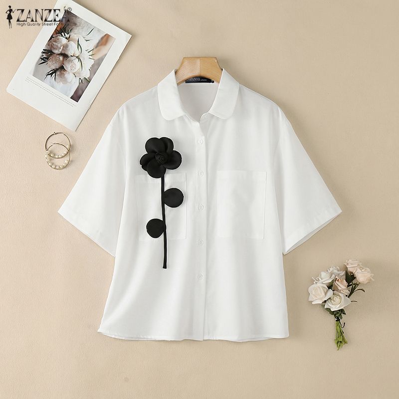 ZANZEA Women Casual Turn Down Collar Loose 3D Flowers Summer Half Sleeve Blouse