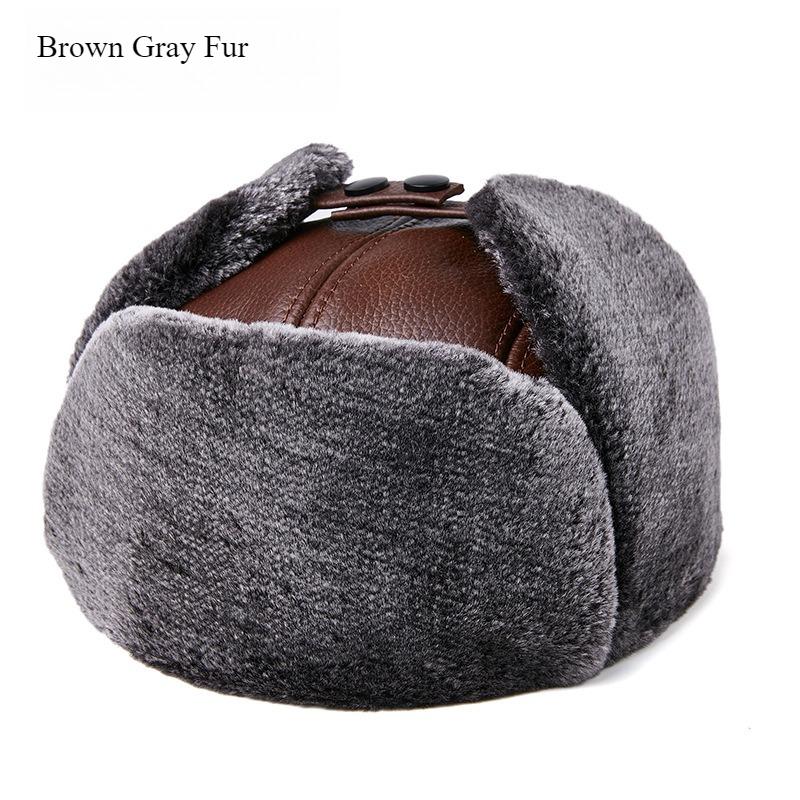 Men's Genuine Leather Ushanka Hat Russian Trapper Hat Winter Warm Thickened Bomber Cap Trooper Hat with Ear Flaps